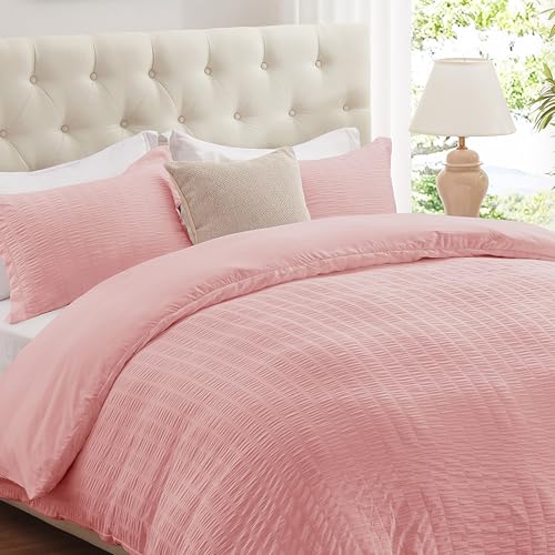 Cozyide Pink Duvet Cover King Size, 3 Pieces Bedding Duvet Covers, Soft Breathable Seersucker Duvet Cover Set with Zipper Closure and Corner Ties (1 Duvet Cover 104"x90" + 2 Pillow Shams 20"x36")