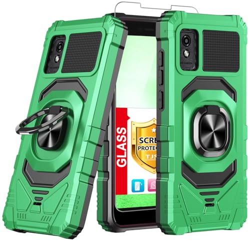 TJS Compatible for BLU Studio Mini 2023 Case with Tempered Glass Screen Protector Metal Ring Magnetic Support Kickstand Heavy Duty Drop Protection Cover Phone Case (Green)