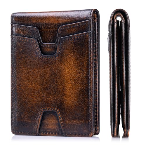 Image of Front Pocket Wallet for Men Slim Lightweight RFID Blocking Genuine Leather Bifold Thin Wallet with 10 Card Slots, Antiqued