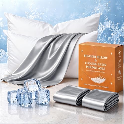 Image of BHZ Goose Down Feather Pillows King Size Set of 2 with Satin Pillowcases, Hotel Bed Pillows for Sleeping Soft Pillow for Side and Back Sleepers with Silk Pillow Cases for Hot Sleepers, Grey