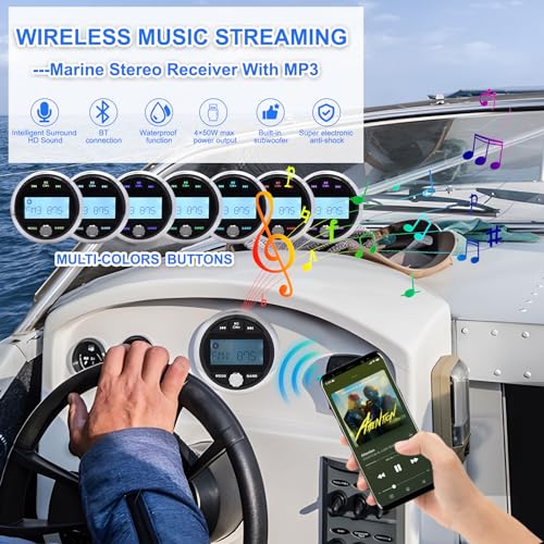 Image of Geloo Marine Stereo Receivers Boat Radio with Wireless, Waterproof IPX5 Boat Audio Receiver, Digital Multimedia MP3 Player with FM AM Radio USB AUX Subwoofer Built-in EQ Marine, ATV, Boat, Golf Cart