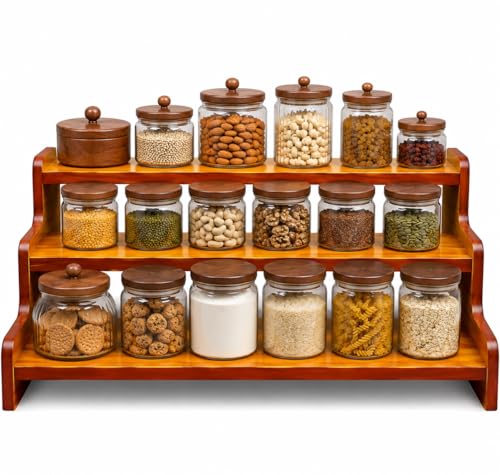 Image of Wooden 3 Tier Kitchen Organizer Rack for Countertop | Spice Rack Stand for Kitchen Counter | Masala Storage Shelf | Multipurpose Kitchen Storage Rack - Brown