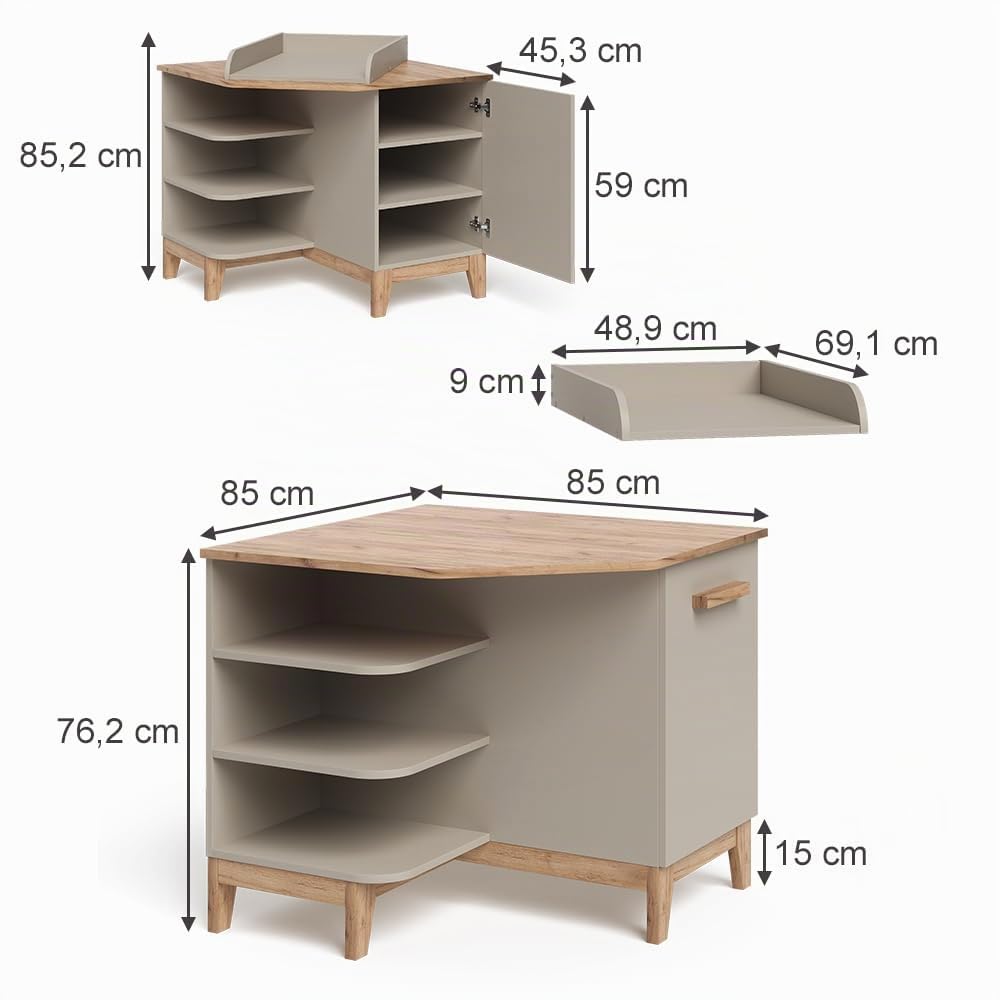 VitaliSpa Cambiador Malia, Cachemira/Artesanal, 85 x 85.2 cm | con puerta, cambiador extraíble para uso como cómoda de esquina