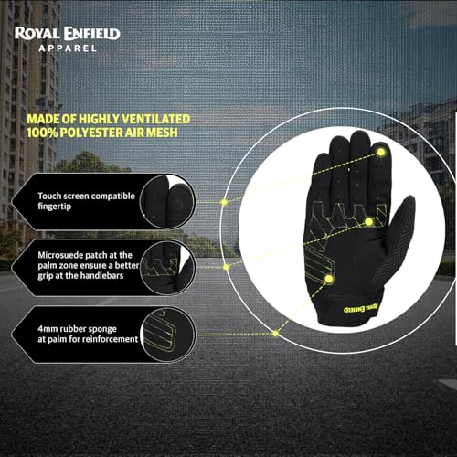 Image of Royal Enfield Aeroflex Riding Gloves | Construction: 100% Polyester Air Mesh, Poly Stretch Fabric & Microsuede | Impact Protection: TPR Knuckle Protectors | Airflow: Airmesh Panels| Black & NEON 2XL
