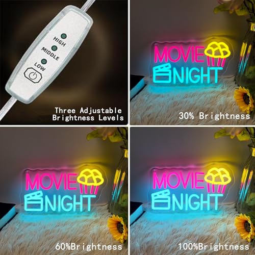 Image of Movie Night Neon Sign With Popcorn Dimmable LED Neon Lights for Wall Decor USB Powered Light Up Signs for Bedroom Living Room Cinema Film Room Man Cave Home Bar Wedding Birthday Party