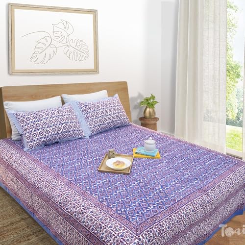 Image of TOAI Hand Block Printed Bedsheet | Bed Spread Flatsheet Bed Sheet | Pure Cotton | King Size 108 inchx108 inch | 300 TC Long Staple Cotton | 2 Reversible Pillow Covers |Moroccan Tiles