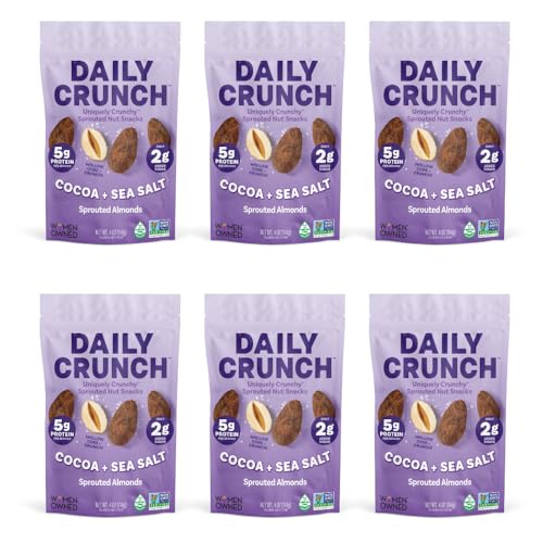 Image of Daily Crunch Sprouted Almonds and Dehydrated nuts for a Unique Crunch, Keto Friendly, Non-GMO Zero Seed Oils, Gluten Free 4oz (6 Pack, Cocoa & Sea Salt)
