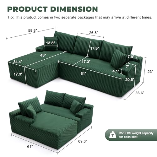 Cloud Sectional Couch, Modular Sectional Sofa for Living Room, Boneless Sofa with Deep Seat, Fluffy Comfy Couch with L-Shaped Chaise, No Assembly Required, Green