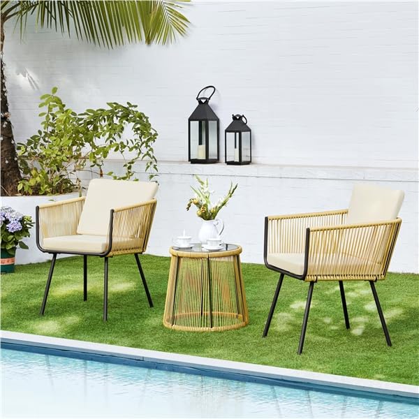 Yaheetech Conjunto de Muebles de Tejido con Cuerda de Jardín de Ratán 3 Piezas Juego de Muebles de Terraza Incluye 1 Mesa de Centro Redonda y 2 Sillas con Cojines Acolchados