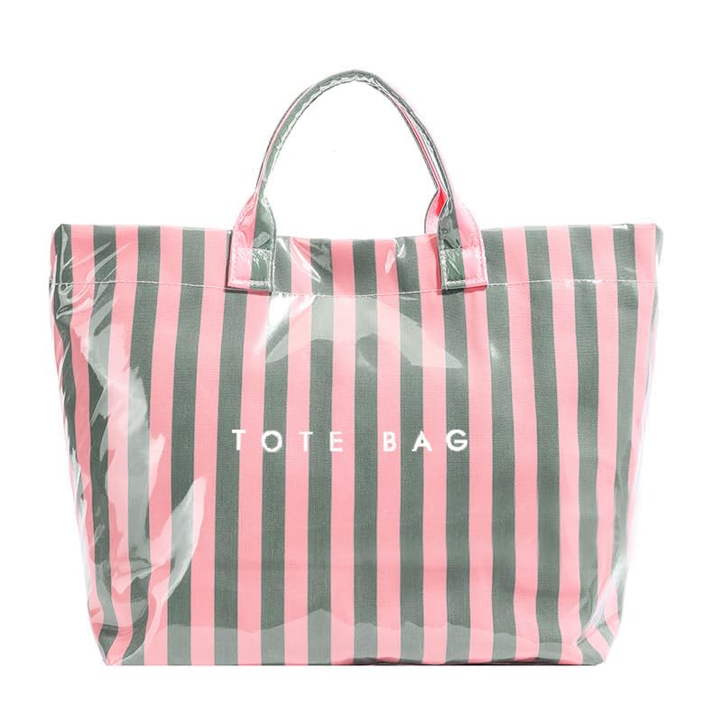 Image of Striped PVC Tote Bag for Women, Waterproof Plastic Hobo Handbag Summer Tote for Beach, Pool & Ideal Gift