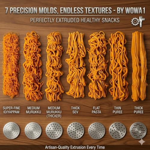 Image of Automatic Electric Idiyappam Maker with 7 Stainless Steel Molds | Rechargeable Cordless Murukku & Chakli Maker Machine | Heavy Duty 40W Motor Sev Press, Pasta & Noodle Maker | 200g Capacity