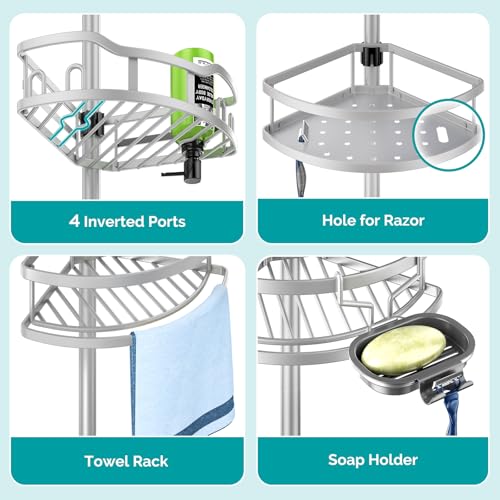 image for HAMITOR Corner Shower Caddy Tension Pole: Rustproof 4-Tier Bathroom Or