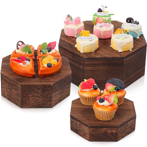 Menkxi Set of 3 Wood Octangular Display Risers 3 Different Sizes Cupcake Stand Whitewashed Rustic Dessert Stand Stackable Display Box for Wedding Birthday Baby Shower Party Decoration (Burnt Wood)