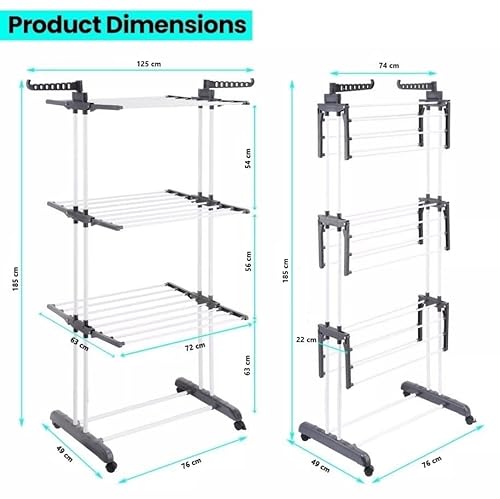 MAGNA RETAIL Large Clothes Airer Grey | 4-Tier Foldable Clothes Hanger | Drying Rack Laundry | Laundry Airer | Cloth Drying Rack with Wheels and Wings - Image 3
