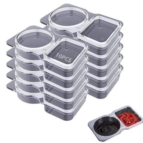 PEARLUTO Double Compartment Condiment Container, With Lids, Disposable Dipping Container, Sauce Containers for Take-out/Travel/Camping, Snack, Dipping Sauce (10pcs)