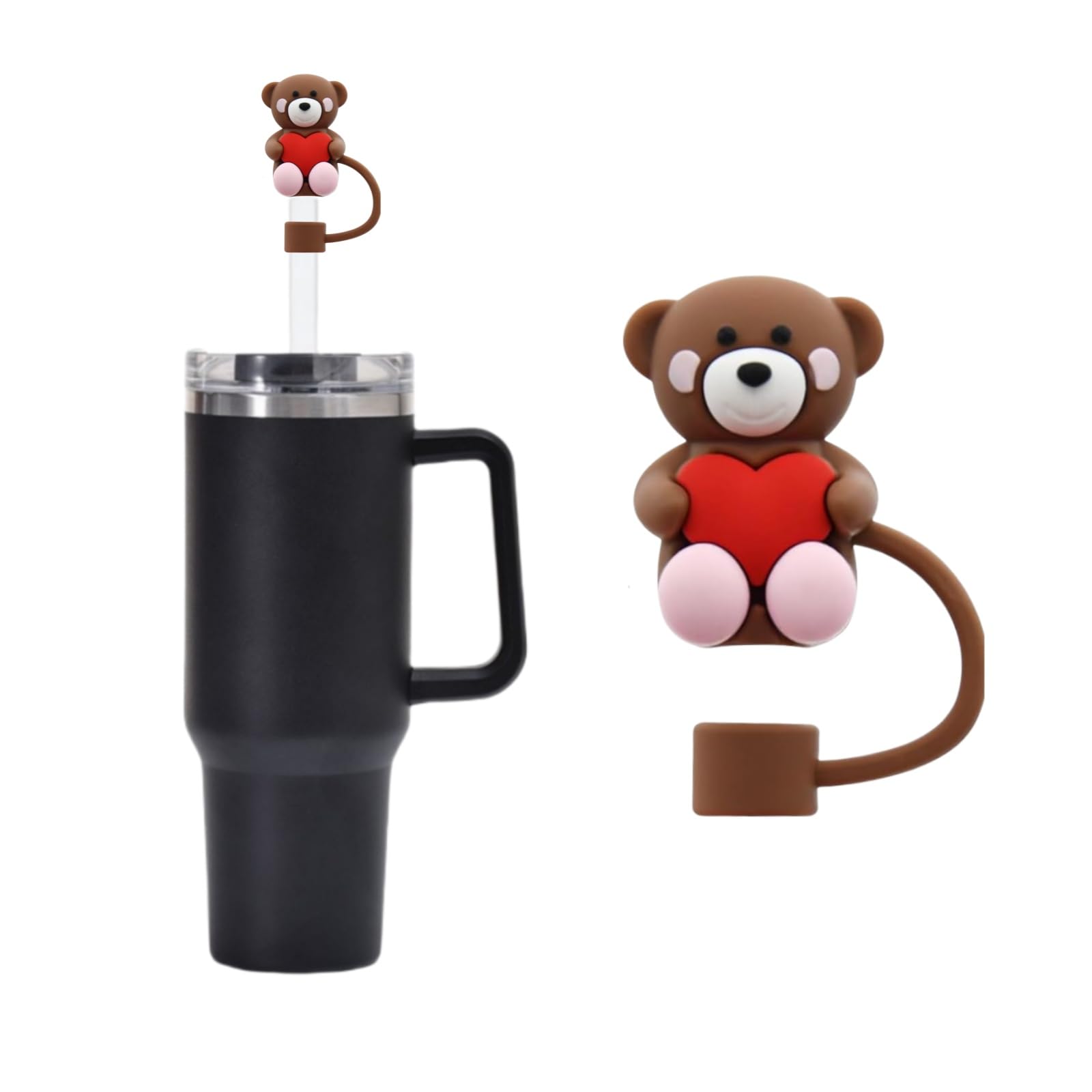 1Pc 10mm Brown Cute Bear Silicone Straw Covers Cap for Stanley Cup, Straw Topper Compatible for 30 and 40 Oz Tumbler with Handle 0.4 in Straw Tips