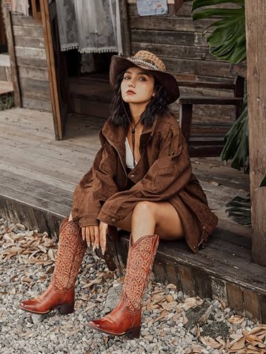 Western Cowboy Boots for Women Embroidered Square Toe Pull on Cowgirl Boots Women Chunky Heel Fashion Mid Calf for Country Music Festival4