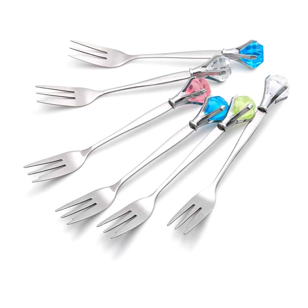 Stainless Steel Dinner Forks with Crystal Elegant Appetizer Fruit Dessert Cake Salad Cocktail Forks Kitchen Cutlery - 6 Pieces