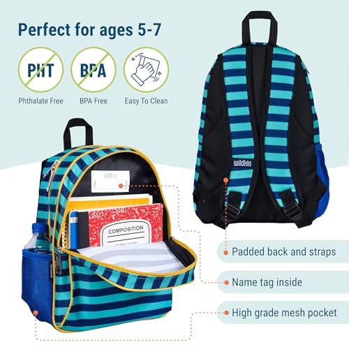 Image of Wildkin 15 Inch Backpack for Kids, Blue Stripes | Ages 5-10, padded straps, side water bottle pocket - coordinates with matching Wildkin lunch boxes