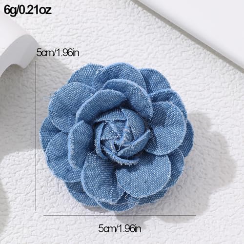 Image of Fashion Denim Camellia Flower Lapel Brooch Pin for Women Girls Fabric Floral Bouquet Corsage Pins Clip Sweater Coat Dress Suit Backpack Brooches Pins Boho Jewelry Gifts Clothes Accessories