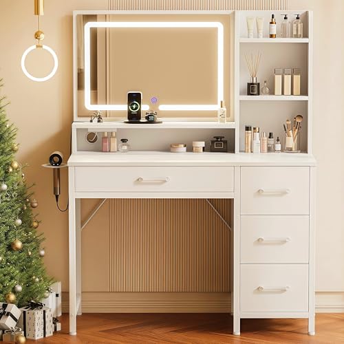 Rolanstar Coiffeuse avec Miroir LED, Luminosité Réglable 3 Modes, Table de Maquillage avec Prise Intégrée et Support Sèche-Cheveux, 4 Tiroirs et Rangement Open, Coiffeuse Blanche Moderne pour Chambre