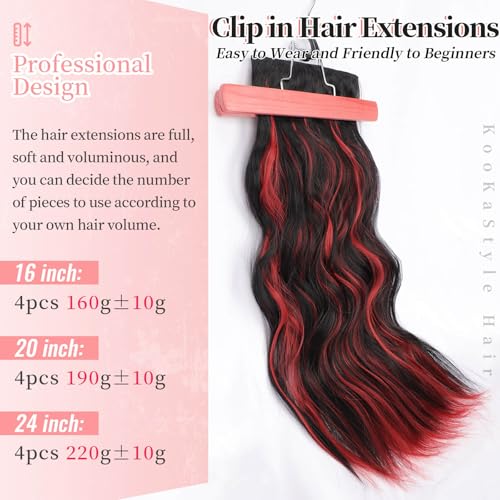 Image of KooKaStyle Wavy Thick Clip in Hair Extensions 20 inch Black Mix Red Highlights