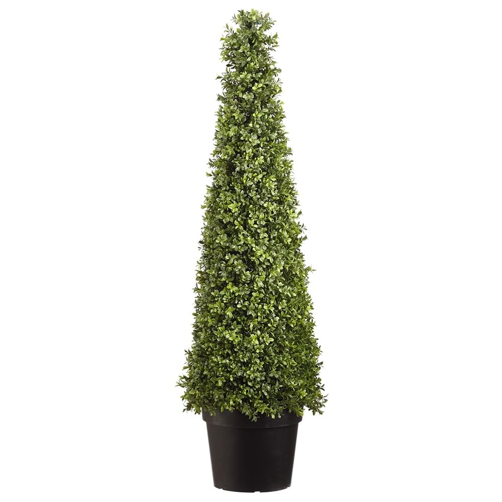 4' UV-Resistant Outdoor Artificial Boxwood Cone-Shaped Battery Operated LED-Lighted Topiary w/Pot -Green