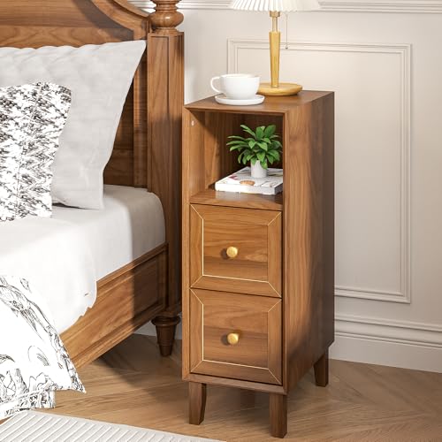 Image of Walnut Narrow Nightstand Set of 2, Mid Century Modern Small Bedside Table with 2 Drawers, Skinny Vintage Side Table, Wooden Night Stand, Slim End Table, for Living Room, Bedroom, Brown