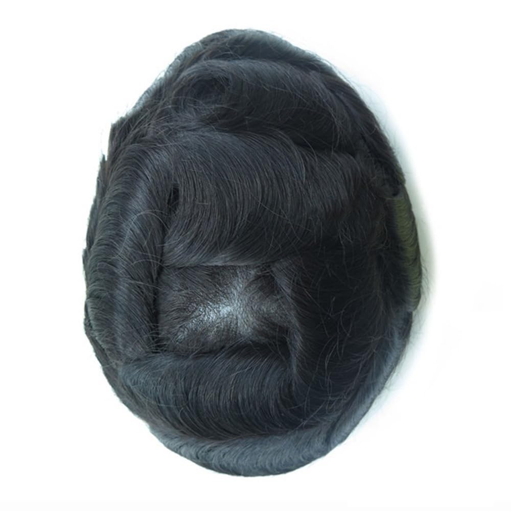 Men's Toupee Protesi capillare con base in capelli umani for uomo, con parte superiore in pizzo e perimetro in polyskin.(7x9)