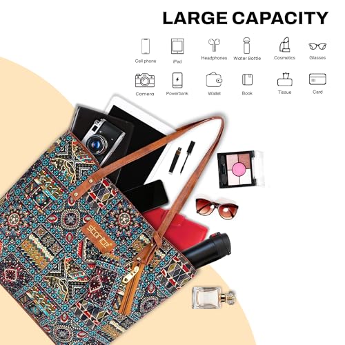 Image of Storite Women's Tote Bag With Leather Handles & Embroidery Printed Handbag With Zip Pockets, Shoulder Tote Bag And Handbag For Office And College (40X32X7.5Cm)