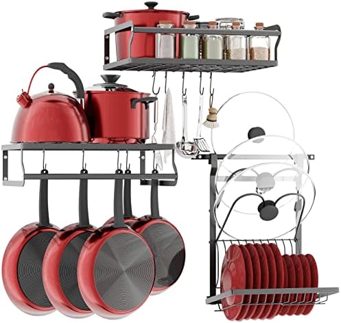 KOSTBAR Hanging Pot Rack, Wall Mounted Pan Rack, Cookware Organizer with 10 Hooks, Small Kitchen Storage Shelf for Utensils. Dish Rack With Lid Holder, Modular Design Shelves