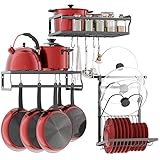 KOSTBAR Hanging Pot Rack, Wall Mounted Pan Rack, Cookware Organizer with 10 Hooks, Small Kitchen Sto
