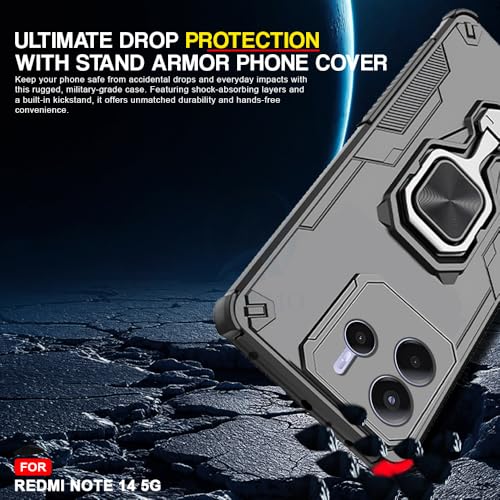 Image of AESTMO Armor Back Cover for Redmi Note 14 5G | Ring Holder & Kickstand & Camera Protection in-Built | 360 Degree Protection Back Case Cover (Blue)