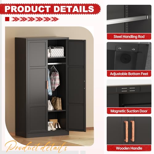 Superday Metal Wardrobe Closet, 72" H Bedroom Armoires with Wooden Handle, Storage Cabinet with Adjustable Shelves and Hanging Rods, Steel Storage Locker Closet for Home, Office, Employee, Gym (Black) - Image 6