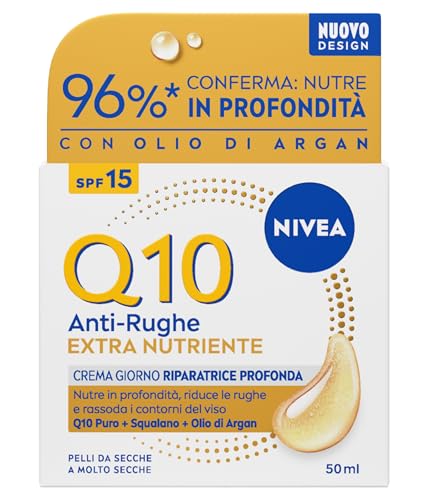 NIVEA Q10 Anti-Rughe Extra Nutriente Crema Giorno Riparatrice Profonda SPF 15 50 ml, Crema viso antirughe e idratante con Coenzima Q10, Olio di Argan e Squalano, Skincare per pelle secca e molto secca