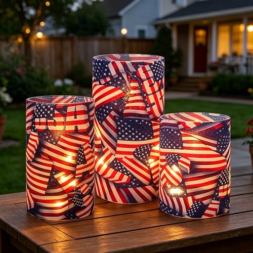 Image of Independence Day Patriot Flickering Flameless Candles US Flag, Embedded Star String Lights, Battery Operated Acrylic LED Pillar Candles with 11-Key Remote and Timer for Home Decoration, 3 Pack