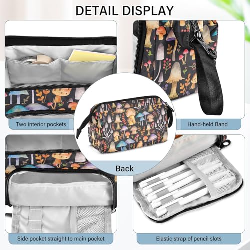 Image of Mushrooms Print Big Capacity Pencil Pen Case Large Pencil Pouch | Portable Multi Compartment Zipper Pencil Bags Stationery Storage for Men Women College Office