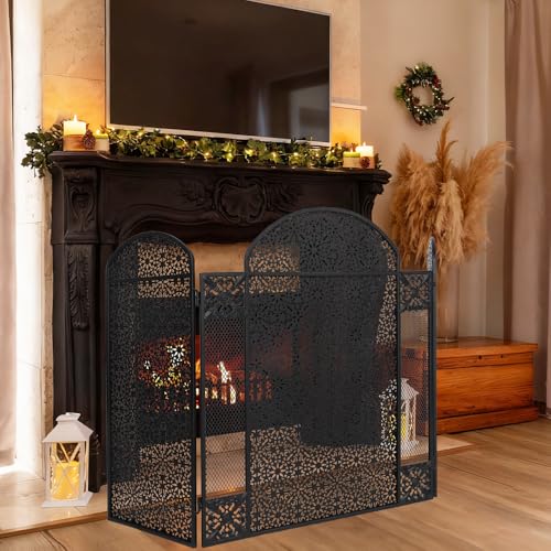 Image of Hogardeck Fireplace Screen, 48 inch x 30 inch Decorative Fireplace Cover, 3 Panel Wrought Iron Fire Place Gate for Living Room, Baby Proof, Brick Fireplace, Pet Safety