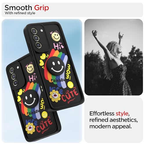 Image of Pikkme Back Cover for Samsung Galaxy S21 Fe 5G | Soft Silicone| Cute Rainbow Smile & 3D Cartoon Flower Design | Shockproof Raised Camera Protection Bumper Case (Black)