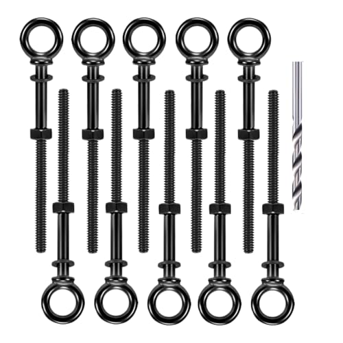 Image of Helffer 10 Pack Black Titanium Shoulder Eye Bolt, 1 /4 inch x 4 inch Shank T316 Stainless Steel Heavy Duty Lifting Eyebolts with Nuts Washers & Drill Bit, for Cable Railing, Deck, Marine Grade
