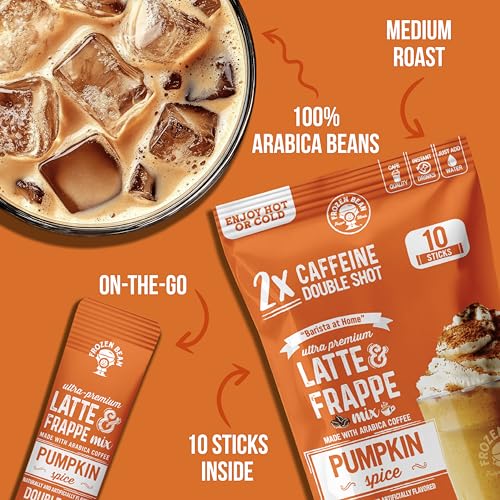Image of The Frozen Bean Pumpkin Spice Instant Coffee Frappe, 10 Sticks | Real Arabica, 114mg caffeine, 5g sugar, Single serve packets, Hot or blended iced, On the go