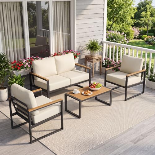 Image of Aoxun 4 Piece Metal Patio Furniture Set with Coffee Table Cream