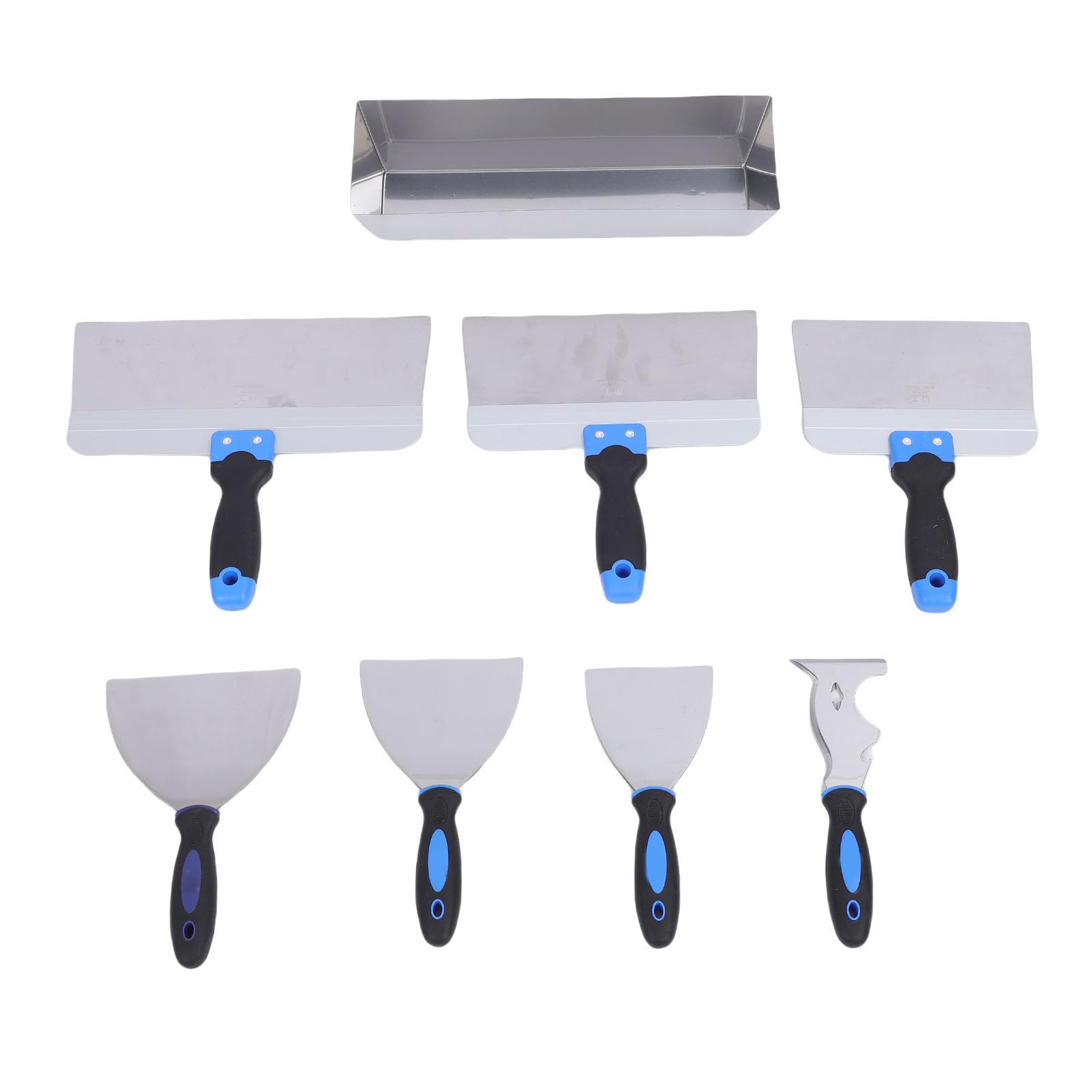 8Pcs Stainless Steel Drywall Cutter Set, Heavy Duty Mud Pan Putty Taping Tools with Hammer End, for Wall Repair Paint Scraping Joint Compound Application, Ergonomic Grip