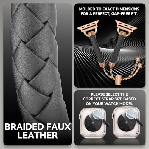 Image of Leather and Metal Band Compatible with Apple Watch Bands for Women,Adjustable Designer Cute Stylish Strap for iWatch Series11 /10 /9 /8 /7 /6 /5 /4 /3 /2 /1 /SE /Ultra