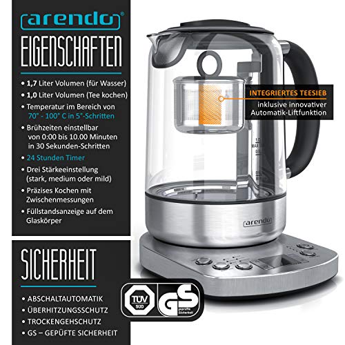 Arendo - Glas Wasserkocher mit Auto Lift Funktion - Teekocher mit Temperatureinstellung - 24 Stunden Timer - 5… – Bild 3