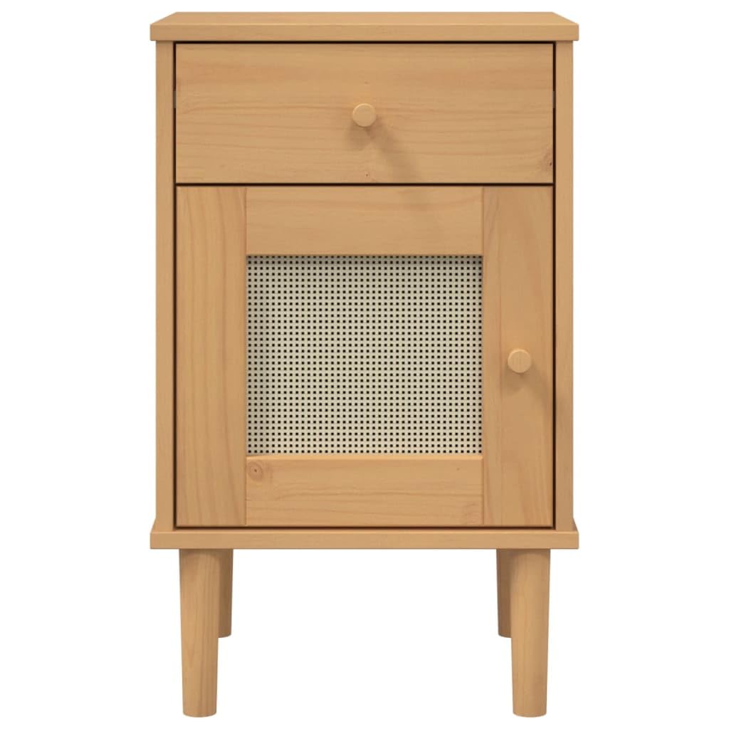 Comodino SENJA Aspetto Rattan Marrone 40x35x65 cm in Legno Pino Elegante Mobiletto Notte in Rattan Look per Camera Letto con Cassetto Salva Spazio