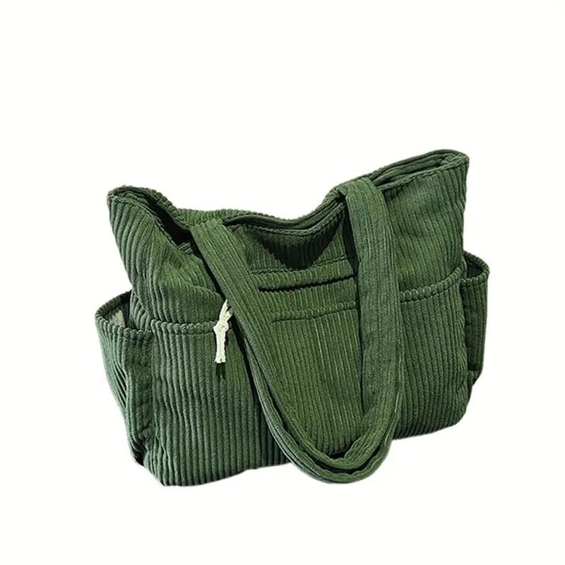 Kawn® Korean Tote Bag Aesthetic Corduroy Canvas Handbag for Women Zipper Casual Large Capacity Shoulder Bag with Multi Pockets Versatile Everyday use for College Work Beach Travel