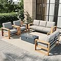 FUARTIO 5 Pieces Aluminum Patio Furniture Set, Outdoor Conversation Sets with High Backrest Sofa and Fire Pit Table for Garden and Backyard