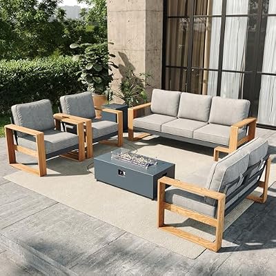 FUARTIO 5 Pieces Aluminum Patio Furniture Set, Outdoor Conversation Sets with High Backrest Sofa and Fire Pit Table for Garden and Backyard
