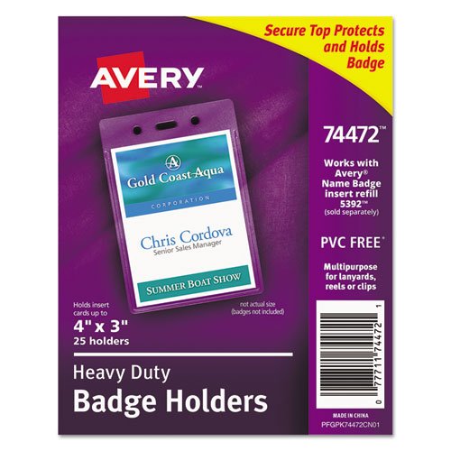 Secure Top Heavy-Duty Badge Holders, Vertical, 3w x 4h, Clear, 25 Pack